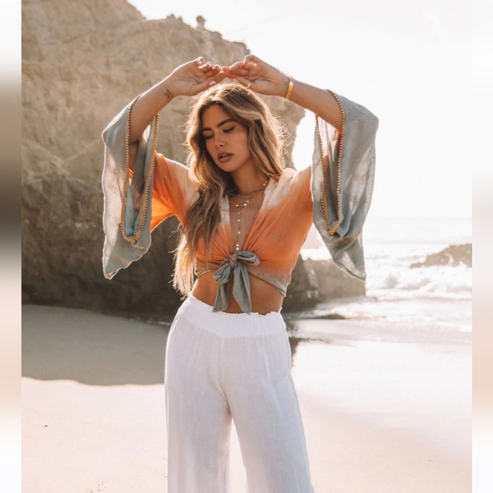 BOHEME OMBRE BEADED TIE FRONT CROP TOP